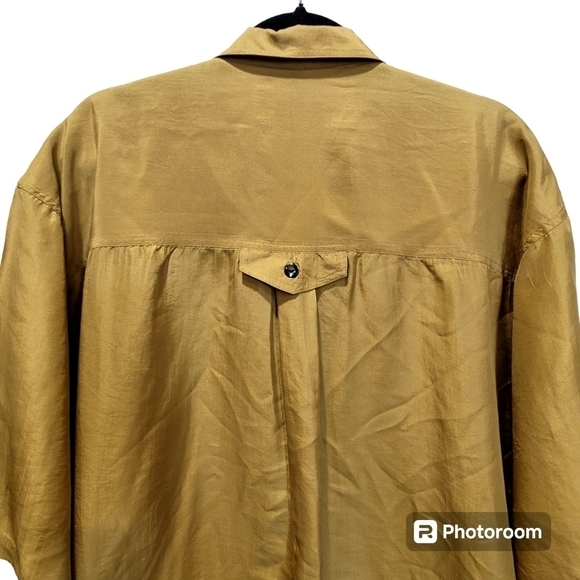 100% Silk Large Men's Gold Dress Shirt Pockets Office Party VCAY - Picture 4 of 11